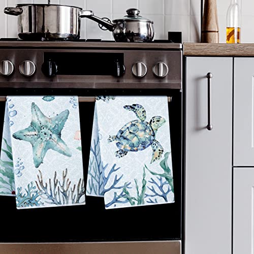 4 Pcs Beach Kitchen Towels Turtle Dish Towel Set Ocean Kitchen Towels Ocean Animal Themed Hand Towels Beachcomber Soft Dish Towels For Kitchen Decorative Absorbent Ocean Tea Towels For Bathroom #TOP4