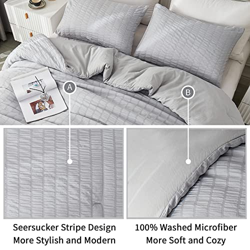 Avelom Seersucker King Comforter Set (104X90 Inches), 3 Pieces - 100% Soft Washed Microfiber Lightweight Comforter With 2 Pillowcases, All Season Down Alternative Comforter Set For Bedding, Light Gray #TOP3
