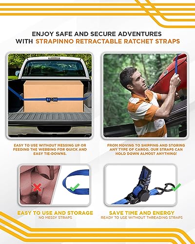 Image of Strapinno 4 Pack Auto Retractable Ratchet Straps Bundle -1 in x 6 ft, 1500 LBS Break Strength Each, Heavy Duty Tie Down Straps for Cargo Securing, Weather Resistant Safety S-Hooks, Blue Strap