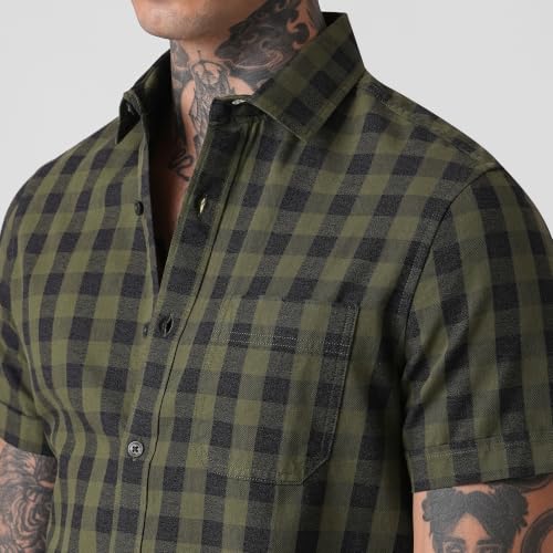 Image of BLUE BUDDHA Men Checked Casual Shirt | Tailored Fit Half Sleeve Shirt for Men | Curved Hem Ready to Wear, Office Casual & Weekend Wear