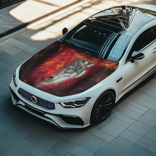 Image of Red Flame Wolf Universal Car Hood Cover Waterproof All Weather, Car Hood Cover Protector for Automobiles Outdoor Indoor for All Season Waterproof Dustproof
