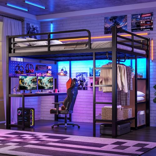 Image of Bellemave Metal Queen Size Loft Bed with Desk and LED Lights,Heavy Duty Loft Bed Frame with Storage Shelves and Charging Station for Kids,Teens,Adults, Space Saving,Black