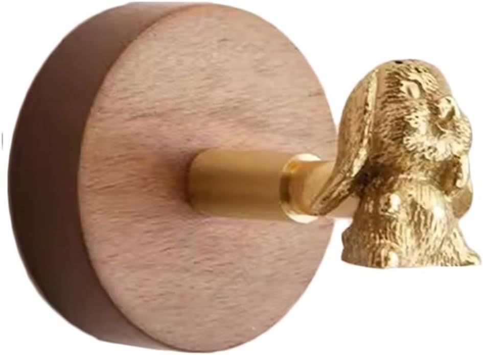 Wall Mounted Curtain Hooks,Brass Curtain Hooks,Decorative Hooks for Wall, Rabbit Brass Hook with Wood Base,Vintage Wall Hooks Coat Hooks for Hanging Coats(5.5 * 5.9 * 5.5cm)