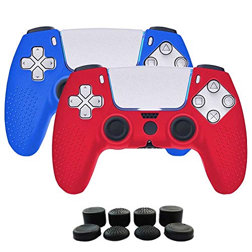 Aosai PS5 DualSense Controller Skin, Studded Anti-Slip PS5 DualSense Controller Cover Silicone Grip for PS5 Controller(Controller Skin x 2 + FPS PRO Thumb Grips x 8) (Pure Color-Blue, Red)