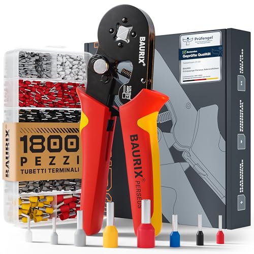 BAURIX® Pinza Crimpatrice con 1800 Puntalini Elettrici 0,25-10mm², Crimpatrice Autoregolante per Filo Elettrico, Pinza Crimpatrice Automatica, Pinza Elettricista - Modello:PERSEUS (4 Bordi)