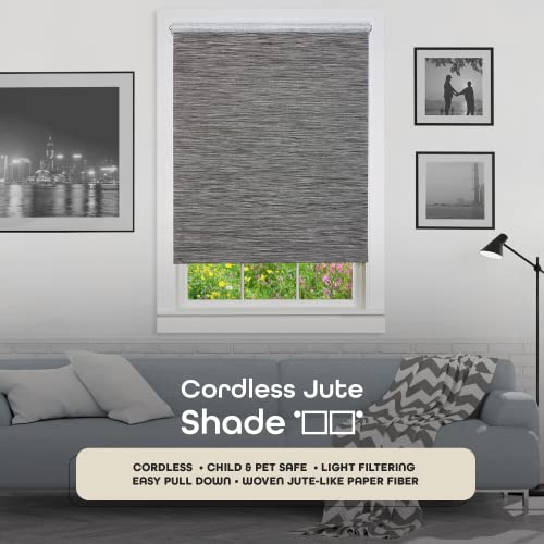 Cordless Privacy Jute Window Roller Shade - 30 Inch Width, 72 Inch Length - Smoke - Light Filtering Woven Natural Fiber Horizontal Windows Blinds by Achim Home Decor