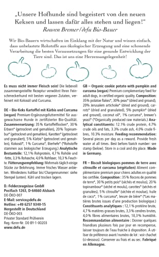 defu Hundesnacks | 1 x 150 g | Bio Hundekekse Kartoffel mit Kürbis und Curcuma | Vegane Premium Leckerlis für Ihren Hund