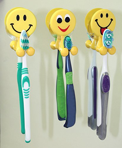 Lucore Happy Smiley Face Toothbrush Holder & Utility Suction Hook - Set Of 3 Pcs Emoji Emoticon Style Rubber Wall Hanger Hooks #TOP3