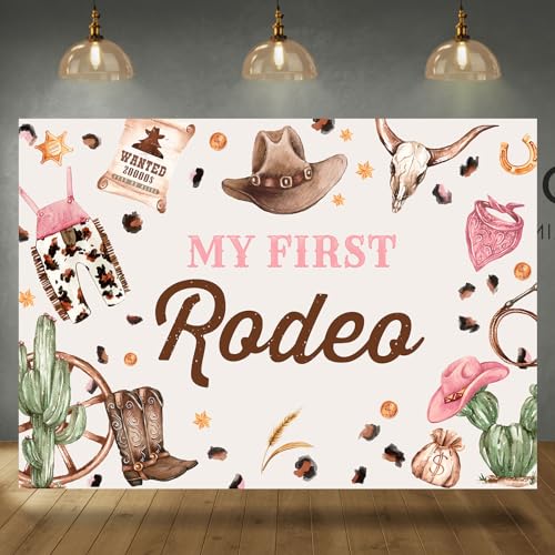 Rsuuinu My First Rodeo Geburtstags-Hintergrund, Cowgirl, 1. Geburtstag, Fotografie-Hintergrund, 2,1 x 1,5 m, für Kinder, Neugeborene, Mädchen, erster Geburtstag, Party-Dekoration, Banner,