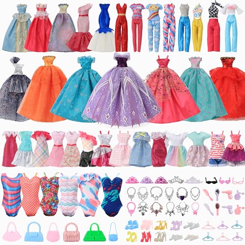 Ensemble cadeau de 58 vêtements pour poupée de 11,5 pouces et Barbie : 2 robes de mariée, 6 robes de mode, 2 tenues décontractées, 3 maillots de bain, 10...