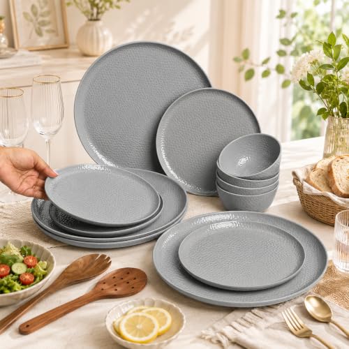 Image of Market99 Heavy-Duty Grey Hammered Melamine Dinner Set - 12 Pieces | Includes 4 Dinner Plates, 4 Side Plates & 4 Soup Bowls | Matte Finish Tableware for Daily Meals, Kitchen & Modern Dining Setup
