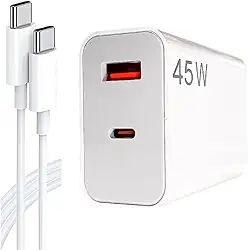Carregador Tipo C Turbo 45W com Cabo USB-C de 1 Metro e Fonte Compatível com Novo Iphone 15 16 Pro Max Plus Carregamento Ultra Rápido Duas Portas USB-A e USB-C
