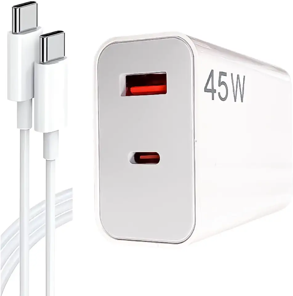 Carregador Tipo C Turbo 45W com Cabo USB-C de 1 Metro e Fonte Compatível com Novo Iphone 15 16 Pro Max Plus Carregamento Ultra Rápido Duas Portas USB-A e USB-C