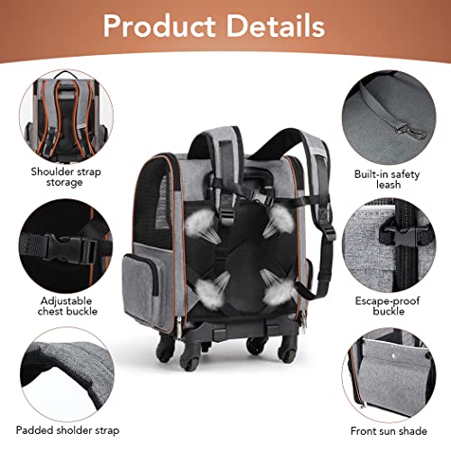 Lekespring Hunderucksack Katzenrucksack mit Trolley 2 in 1 bis 8 kg, Erweiterbar Katzenrucksack Große Transportbox für kleine Hunde und Katzen, Grau-L