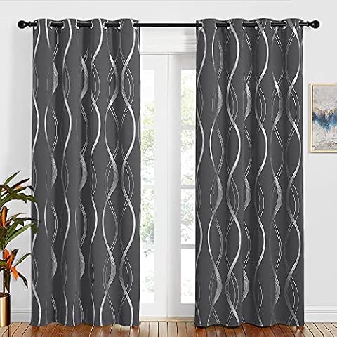 PONY DANCE Blackout Curtains for Living Room - 84 Inch Drop Curtain Eyelet Top Thermal Door Curtains Silver Wave Line Foil Printed Long Curtains, Grey, 52 Inches Wide, Sold as Pair Cover