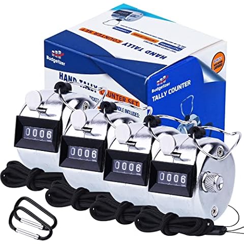 Hand Pitch Tally Counter Clicker–1 and 4 Pack METAL Handheld People Lap Counter Clickers with 1 Lanyard and 1 Carabiner – Manual Mechanical Silver Steel 4 Digit Number Finger Ring Click (4 Pack) Cover