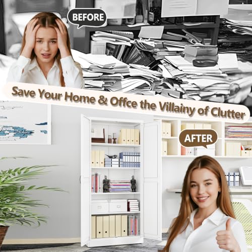 Image of White Metal Storage Cabinet, 71 inch Kitchen Pantry Cabinets for Office