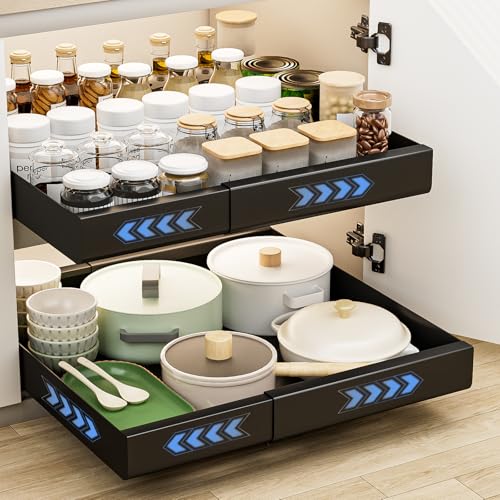 Carastek 2 Stück Teleskopschublade Ausziehbare Schublade Küche Schubladen Küchenschrank Organizer Küche mit Klebestreifen Ausziehbar Schrank Organizer Kein Bohren Expandierbare Breite (D)