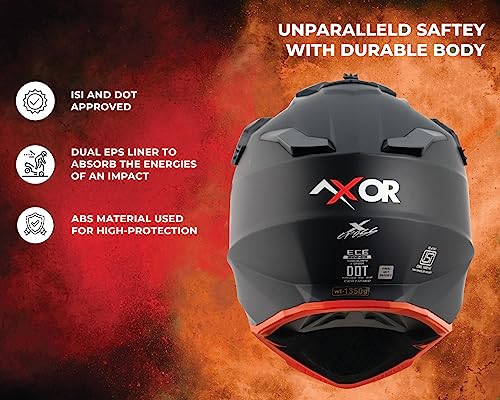 Image of Axor X Cross ISI ECE DOT Certified Full Face Dual Sport Peak Off Road Helmet for Men and Women Dull Black Orange XL