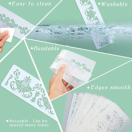 8 Pieces Ornate Border Stencil Flower Stencil Template Cake Decorating Templates Reusable Diy Art And Craft Stencil Floral Edge Baking Tool For Painting On Wood, Canvas, Paper, Fabric #TOP1