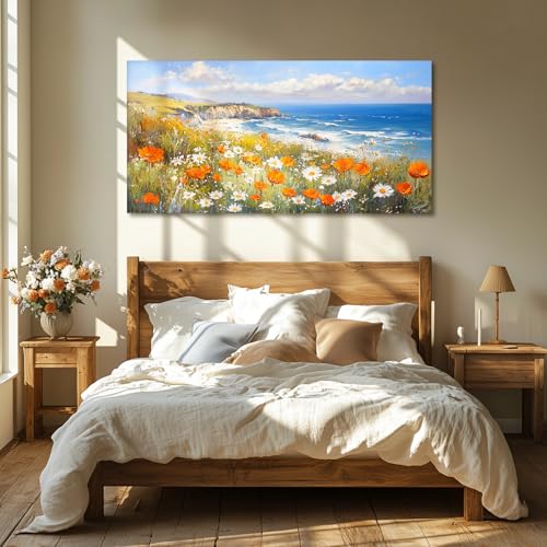 crmotu Coastal Wall Art, Floral Canvas Wall Art, Beach Art Wall Decor, Mountain Landscape Extra Large Artwork, Ocean Scenic Paintings for Living Room Bedroom Art Prints, Office Wall Decor 30x60inch