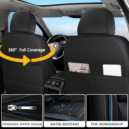 Image of Car Seat Covers for Neon,for Dodge Neon 2000-2005,Leather Front Seat Covers,Airbag-Compatible Car Seat Protectors,Waterproof Seat Cover for Cars(Black+Blue,2PCS /with Pillows)