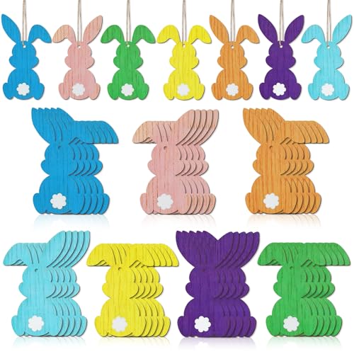 DETENE 35 Pièces Suspension Lapin Pâques Bois, Déco Suspendue Lapin en Bois avec Ficelle, Pendentif Lapin Bois pour Arbre de Pâques Fête Printemps（7...