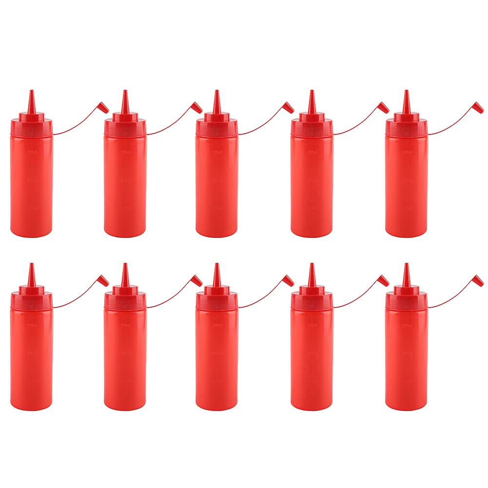 Omabeta 340 ML 10 Pièces/Ensemble Distributeur de Condiments en Plastique Condiment Bouteille à Presser pour Sauce à l'huile Crème Vinaigre Huile Ketchup Plaque Chauffante(Rouge)