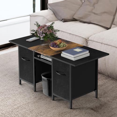 Coffee Table with Drawers, Wood Center Table with Storage, Industrial Rectangle Coffee Table, 2 Tier Wood Tea Table for Small Space, Rustic Living Room Table, Square Center Table, Rustic Brown - Image 3