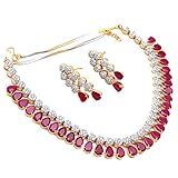 Jewar Necklace Set Ad Cz Gold Plated Two Tone Multi-Stones Indian Jewelry for Women & Girls (Red Rub