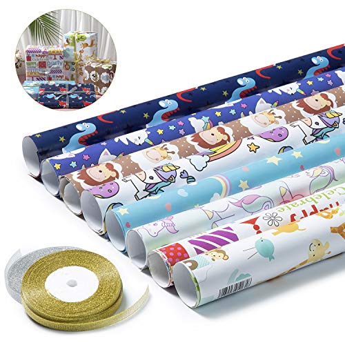 Comius Sharp 8 Hojas Papel de Regalo, Papel de Regalo con Lindos Animales de Dibujos Animados, con Cinta Dorada y Plateada, para Regalos de día de San Valentín Bodas Cumpleaños Christmas (75 X 52 cm)