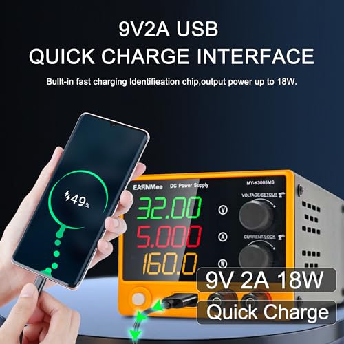 Image of DC Power Supply Variable, 30V 5A Adjustable Lab Bench Power Supply with 4-Digit Display, 18W USB Fast Charging, Output Switch & Protection Adjustment Knob