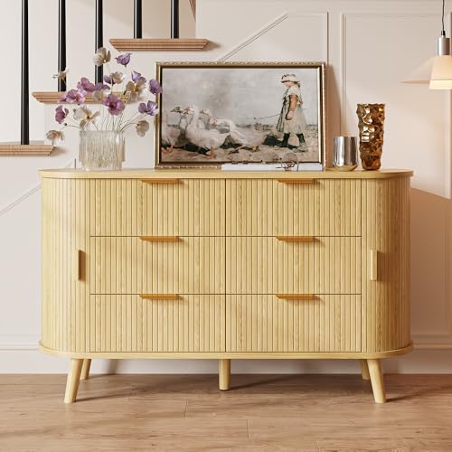 Decofy Fluted 6 Drawers Dresser, 55\'\' Wide Mid Century Modern Chest of Drawers with Sliding Door & Metal Handles, Curved Profile & Sturdy Legs, Wood TV Stand for Bedroom, Living Room (Natural Oak) - Thumbnail 4