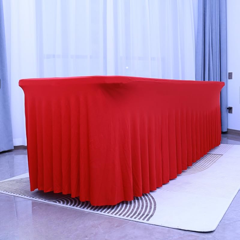 6Colors Table Skirt 6 Foot Rectangle Tables 4/6/8FT Stretch Spandex Fitted Table Clothes Fabric Table Covers Cocktail Tablecloths for Party Banquet Birthday (RED,8FT)