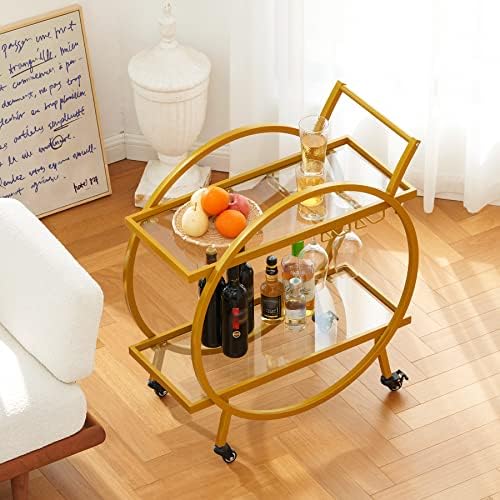 VONLUCE Vintage Drinks Trolley on Wheels with Storage Shelves & Wine Glass Holders, 2 Tier Coffee Cart for Restaurant Bar Club Home Kitchen Storage, 81 cm Tall Rolling Side Table with Shelf, Gold
