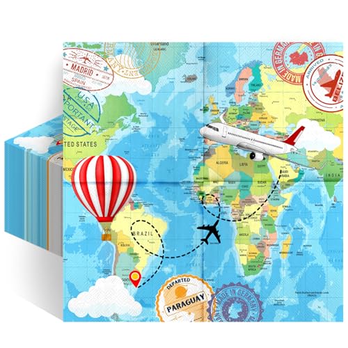 Avezano 100 Pcs Adventure Awaits Napkins 6.5 x 6.5" Adventure Begin Party Decorations Let the Adventure Begin Disposable Paper Napkins Travel Theme Party Napkins
