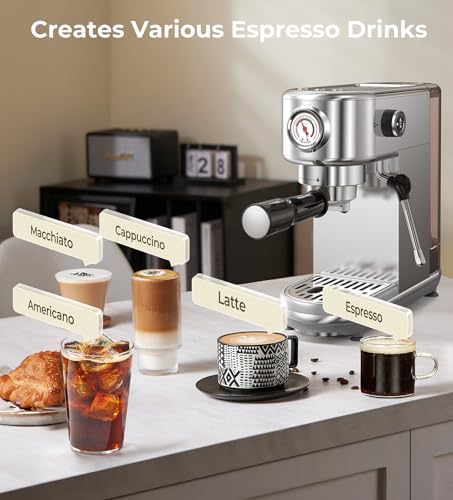 Espresso Machine with Milk Frother, 20 Bar High Pressure Professional Espresso Maker Automatic, Compact Stainless Steel Coffee Machine for Cappuccino, Latte, Gift for Coffee Lover, Silver - Image 2