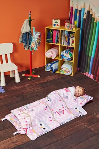 Image of EVERYDAY KIDS Nap Mat with Removable Pillow - Carry Handle with Straps Closure, Rollup Design, Soft Microfiber for Preschool, Daycare, Travel Sleeping Bag - Sweet Owls