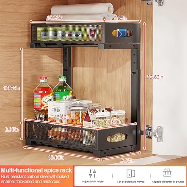 Under Sink Organizer, 2-Tier Put Out Cabinet Organizer, Adjustable Rust Proof Under Sink Organizers and Storage, Kitchen Undersink Organizers for Kitchen, Bathroom, Cabinet, Counter, 2 Pack, Black