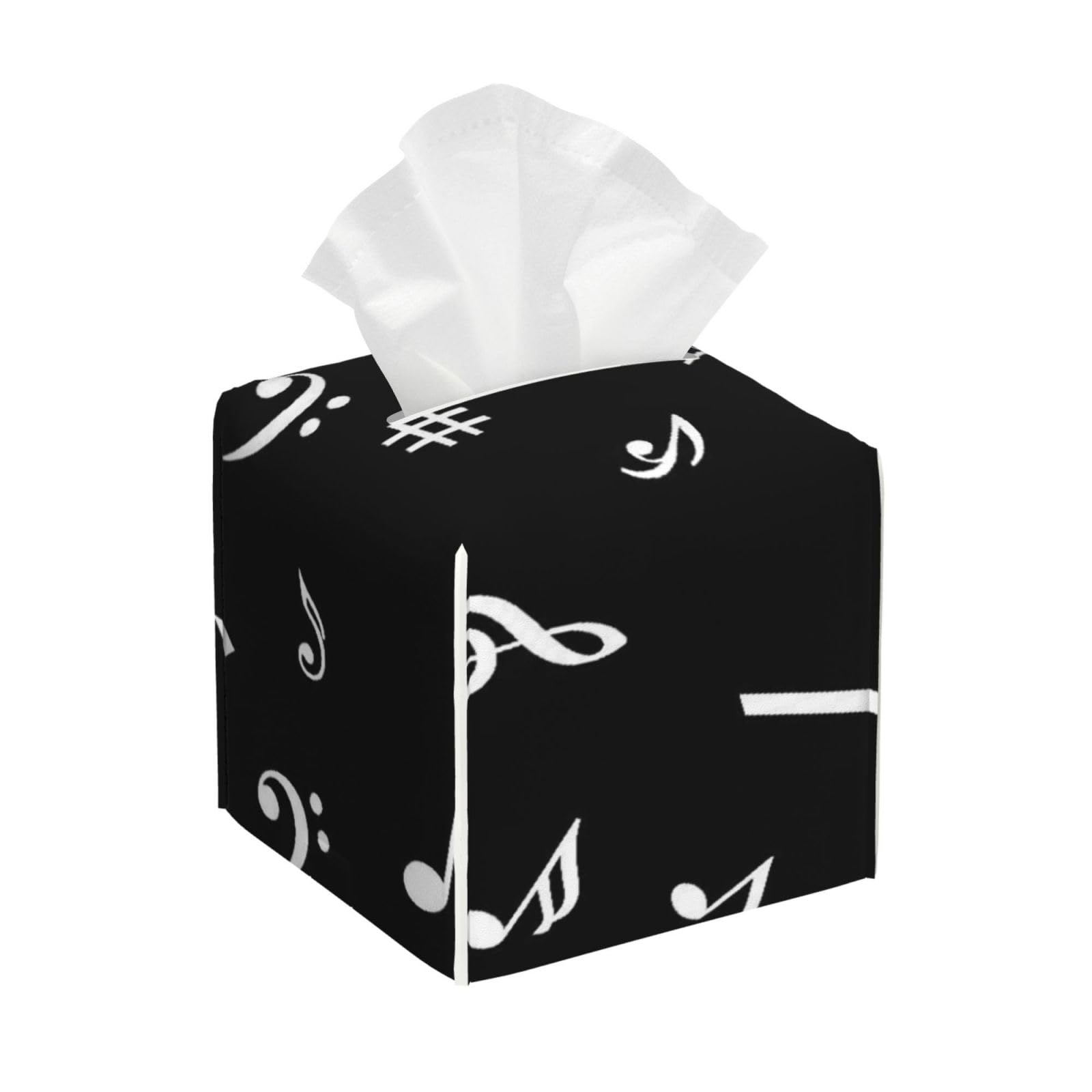 Black White Piano Keys Musical Notes Leather Tissue Box Cover Holder Square Facial Paper Organizer 5.2" X 5.2" X 5.2"