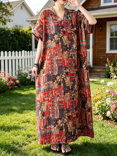 Image of Plus Size Summer Dress Printed V Neck Casual Loose Long Dresses with Pockets