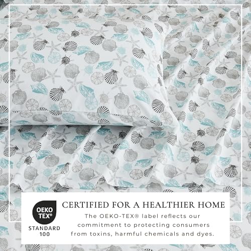 Image of Great Bay Home Queen Coastal Microfiber Sheet Set - 4-Piece Nautical-Printed, Ultra-Soft Sheets - Beach-Themed Bedding Sheets & Pillowcases (Seashell)