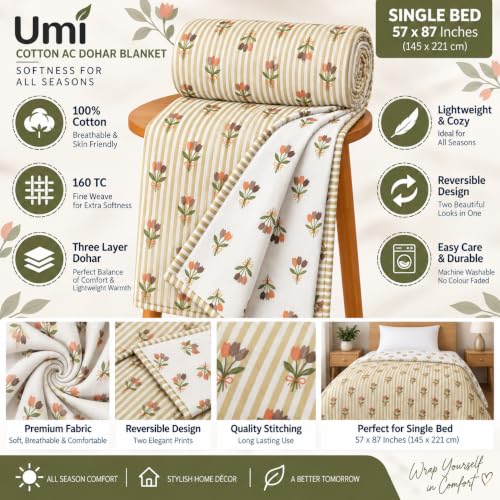 Image of Amazon Brand - Umi AC Dohar Blanket for Single Bed | 100% Cotton 160 TC | Soft Lightweight Three Layer Quilt | 57x87 Inches | Beautiful Elegant Design