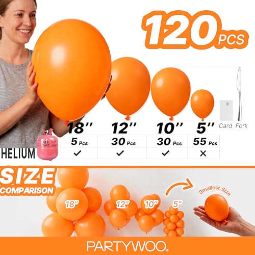 Image of PartyWoo Orange Balloons 120pcs Fall Latex Helium Balloons Different Sizes | 18 12 10 5 Inch for Thanksgiving Halloween Little Cutie Baby Shower Birthday Thanksgiving Party Decorations Orange-Y9