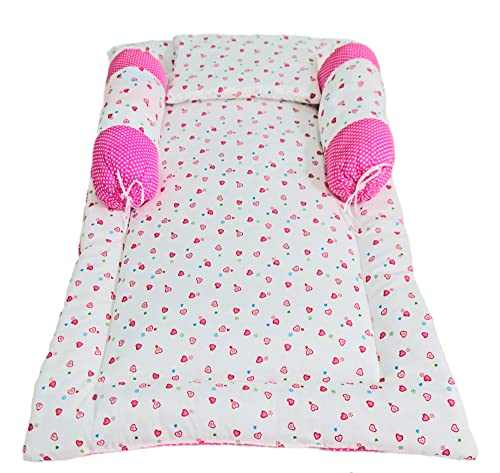Image of BRANDONN Combo of Baby Bed with Net | Carry Bag | 4 Pcs Bedding Set(0-6 Months) (Small Hearts Pink)