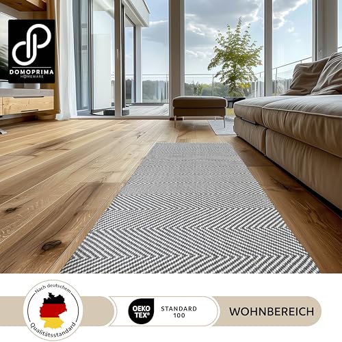 DOMOPRIMA Teppichläufer 70x140 cm – Moderne Designs – 98% Baumwolle (BCI), 2% Polyester – Waschbar – Fußbodenheizung – OEKOTEX – Wohnzimmer, Flur, Küche & Schlafzimmer (grau-Creme)