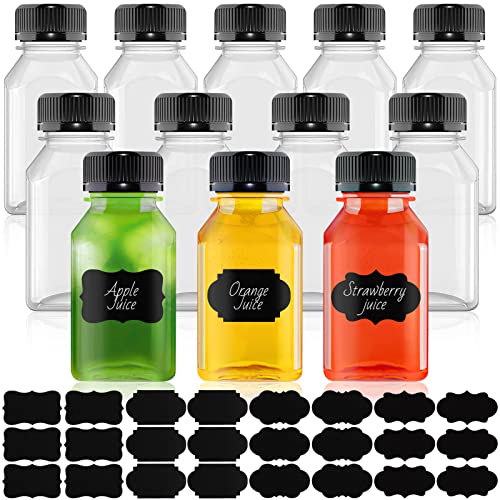 ZAUGONTW 12 Pcs 4 Ounce Plastic Fillable Juice Bottles , Reusable Transparent Bulk Beverage Container With Black Lid Label ,Suitable For Juicing, Milk, and Homemade Beverages