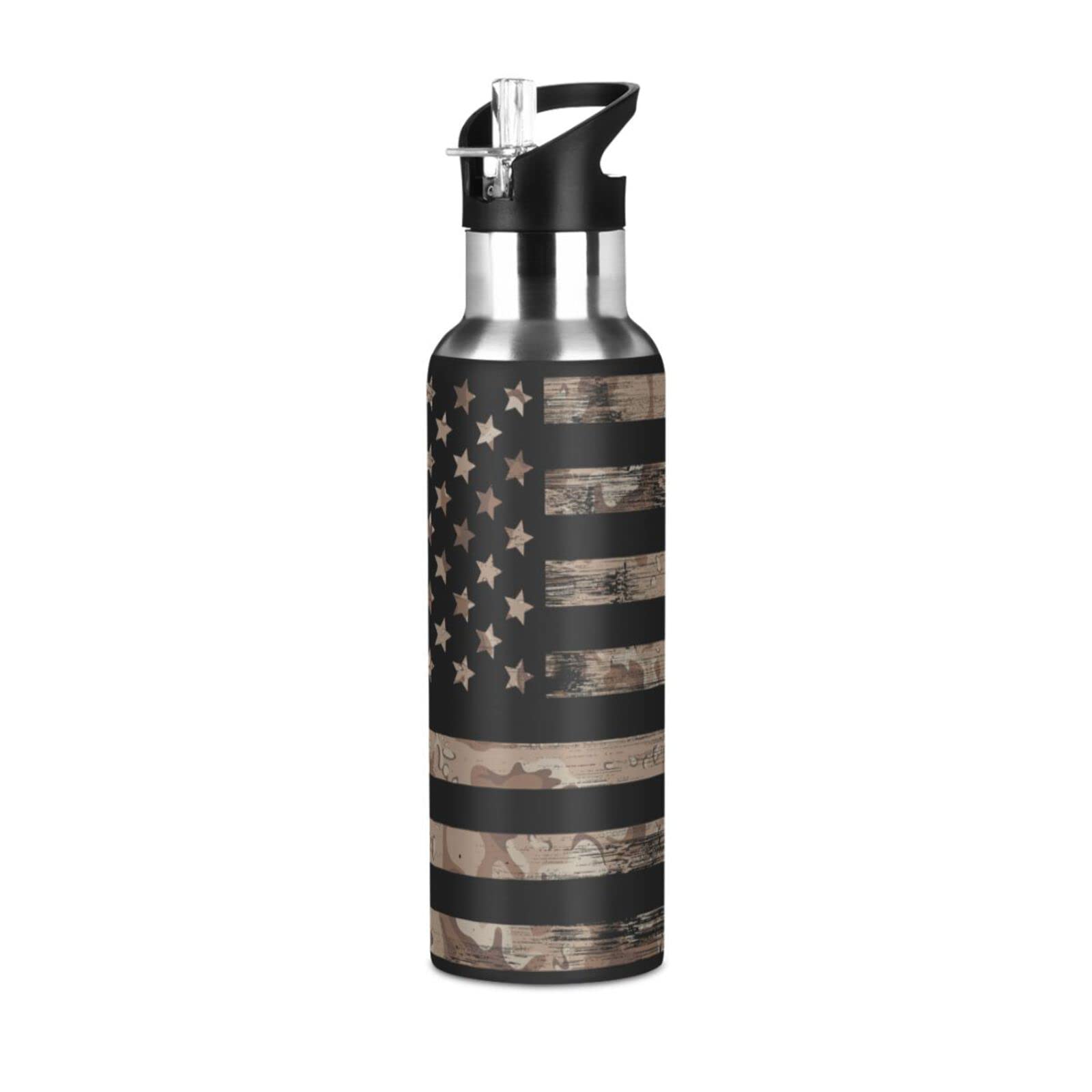 Senya Edelstahl-Wasserflasche 590 Ml Mit Strohhalm | Doppelwandig Isoliert, Auslaufsicher | Designs: USA-Flagge, Camouflage, Vintage | Für Sport, Reisen & Alltag