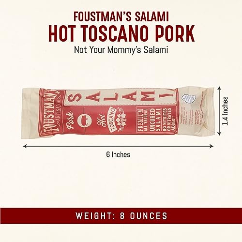 Foustman's Salami Hot Toscano Pork Artisanal, Nitrate-Free, Naturally Cured, Gluten-Free, Dairy-Free, 8 Oz Sticks #TOP2