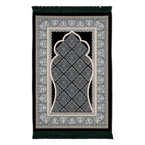 Prayer Rug (Sajadah) Knee-Friendly Comfort Compact Foldable Travel & Office Prayer Mat Elegant Black & Silver Mihrab Design with Fringe (Dark Green)